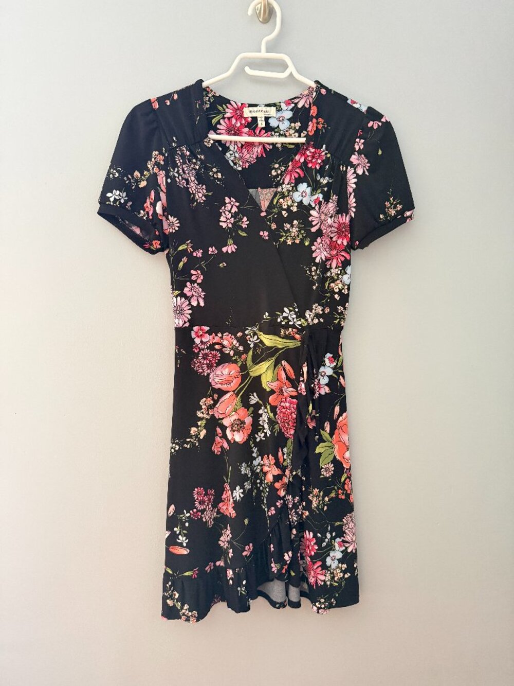 Monteau Black with Pink and Green Floral Midi Faux Wrap Dress Ruffle Size Small